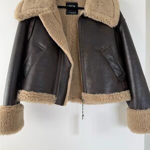 NWT - ZARA Dark Brown Leather Sherpa Lined Teddy Jacket / Size Small